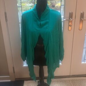 Chico’s Green handkerchief ruffles Open Front Cardigan.  Size 16